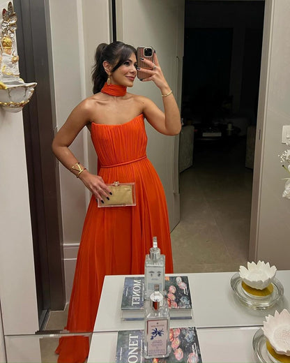 Robe de soirée longue bustier coupe trapèze orange J3568