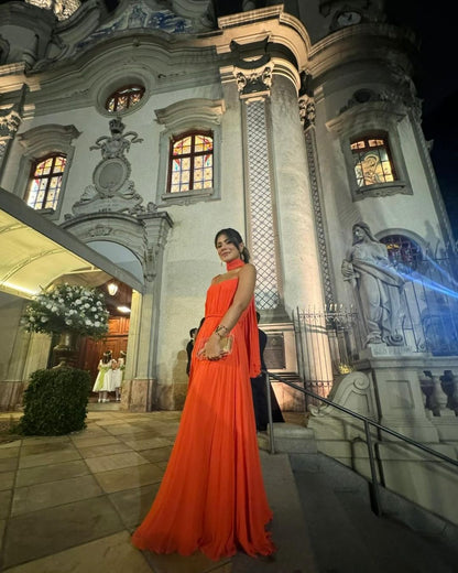 Robe de soirée longue bustier coupe trapèze orange J3568