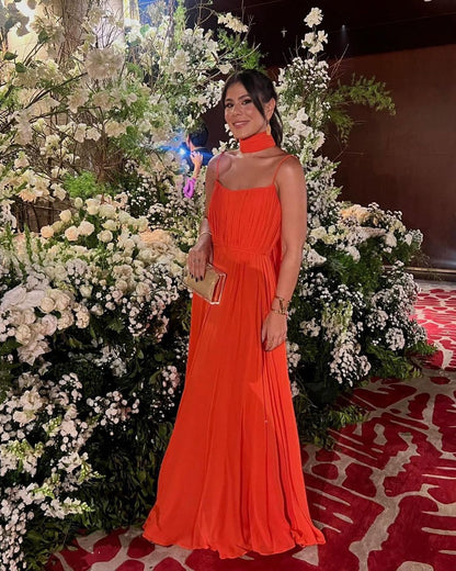 Robe de soirée longue bustier coupe trapèze orange J3568