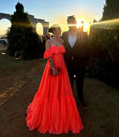 Robe de soirée longue pêche à épaules dénudées J3574