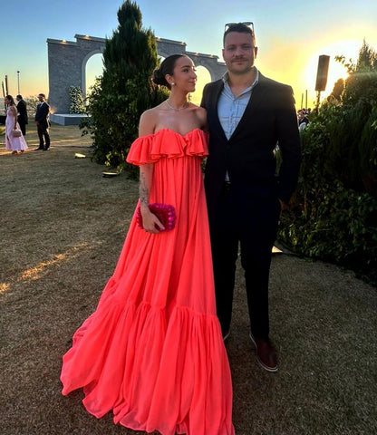 Robe de soirée longue pêche à épaules dénudées J3574