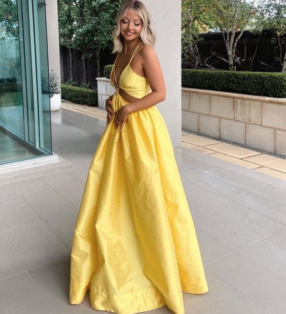 Robe de soirée longue jaune trapèze J3576