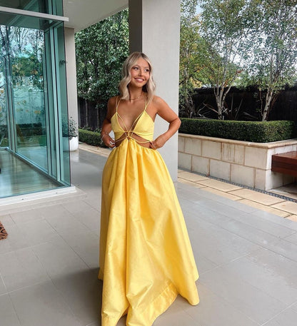 Robe de soirée longue jaune trapèze J3576
