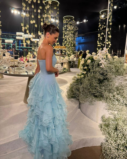 Robe de soirée longue bustier à volants bleus, coupe trapèze, J3580