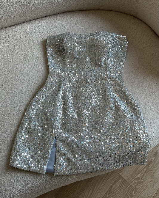 Straple Silver Sequin Homecoming Dress Short Birthday Outfit J3583