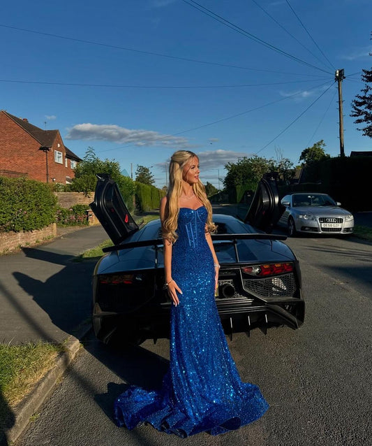 Royal Blue Sequin Long Prom Dress Mermaid Evening Party Dress J3598