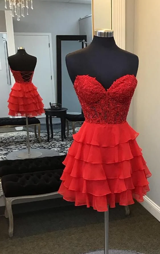 Strapless Red Layer Short Prom Dress A Line Homecoming Dresses J3614