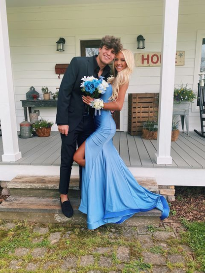 Robe de soirée sirène bleue fendue à col en V, tenue d'anniversaire J3617