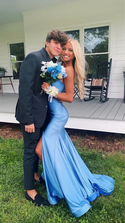 Robe de soirée sirène bleue fendue à col en V, tenue d'anniversaire J3617