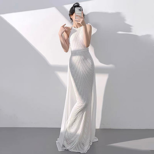 White Sequin Sheath Wedding Dress Long Formal Party Dress J3625