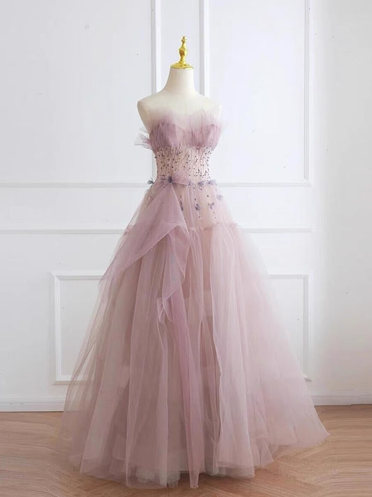 Strapless A Line Pink Tulle Long Prom Dress Birthday Gown J3627