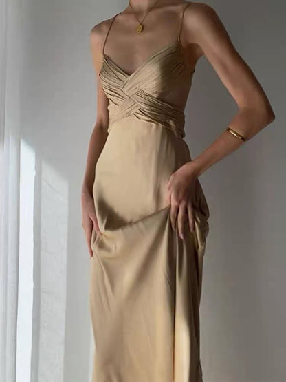 Robe de bal longue en satin à bretelles spaghetti et coupe trapèze, tenue d'anniversaire J3637