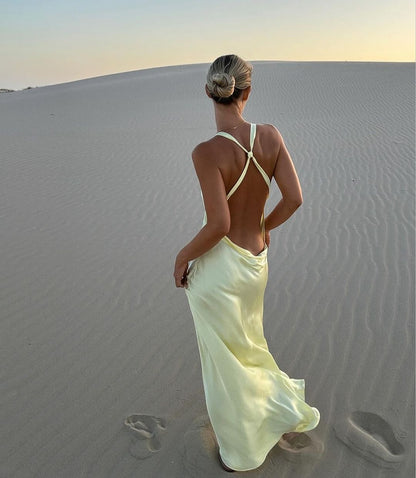 Robe de bal longue en satin jaune dos nu, tenue d'anniversaire J3638