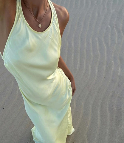Robe de bal longue en satin jaune dos nu, tenue d'anniversaire J3638