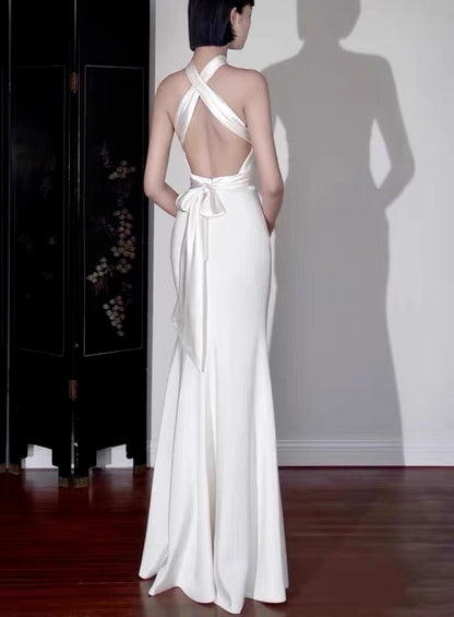 Neckholder A-Linie Weiß Satin Brautkleid Langes Abendkleid Ballkleid J3635
