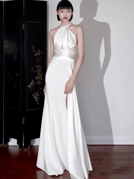 Halter A Line White Satin Wedding Dress Long Evening Prom Dress J3635