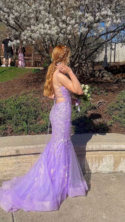 Light Purple Mermaid Lace Long Prom Dress  J3646