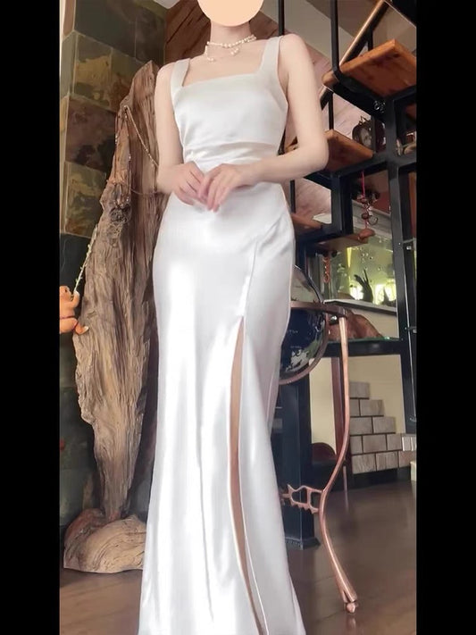 Elegant White Sheath Long Prom Dress Slit Wedding Dress J3663