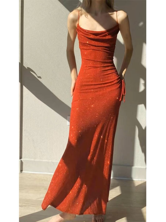 Spaghetti Straps Red Sequin Long Prom Dress Shiny Formal Evening Gown J3664