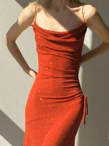 Robe de bal longue rouge à bretelles spaghetti et sequins, robe de soirée brillante et formelle J3664