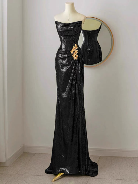 Strapless Black Sequin Long Prom Dress Shiny Formal Evening Gown J3665