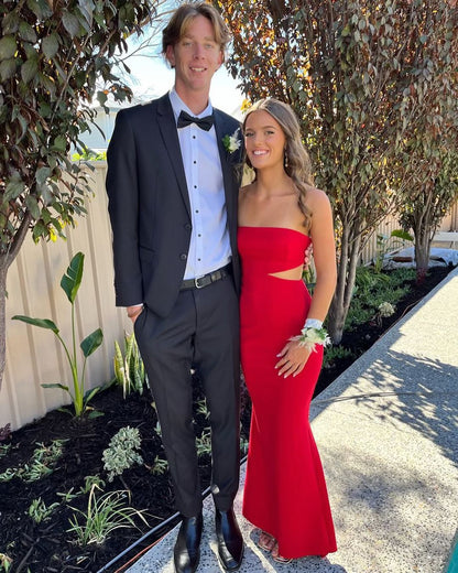 Robe de bal longue sirène rouge sans bretelles J3070