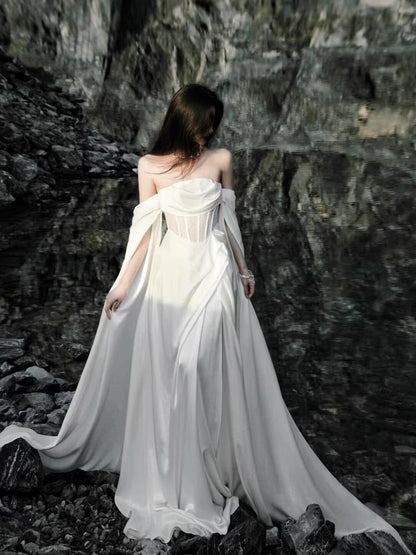 Robe de mariée longue blanche à épaules dénudées, coupe trapèze, robe de soirée longue J3674