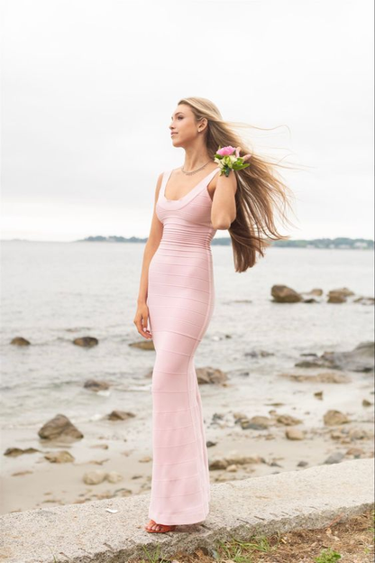 Robe de bal fourreau rose clair, longueur au sol, sans manches, J3685