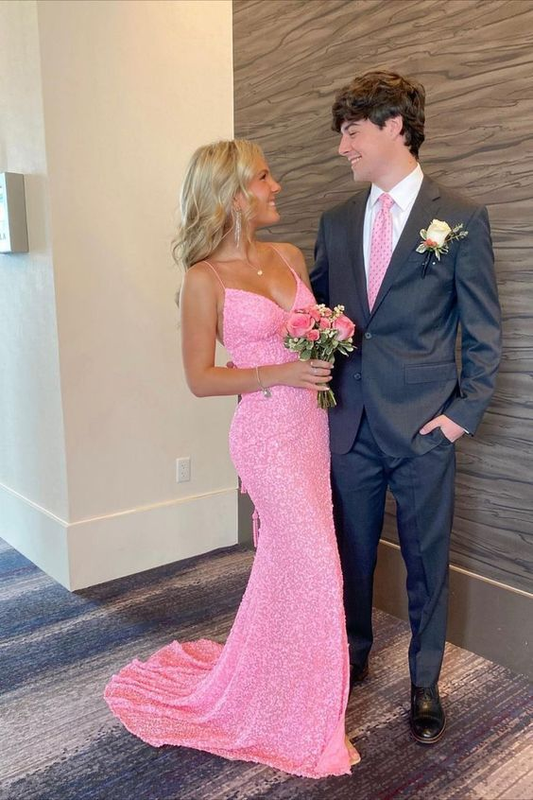 Elegant Mermaid Sequin Pink Long Prom Dresses Formal Dress J3687