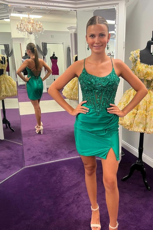 Straps Green Beaded Tight Short Homecoming Dress J3694