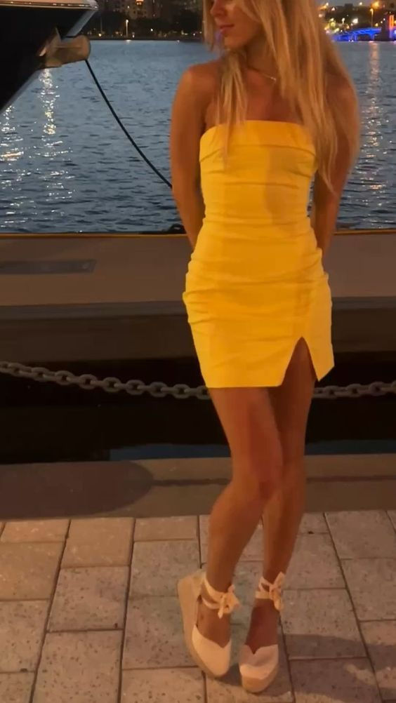 Yellow Tight Satin Homecoming Dress J3700