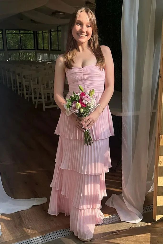 Strapless A Line Pink Long Prom Dress Pleated Birthday Dress J3702