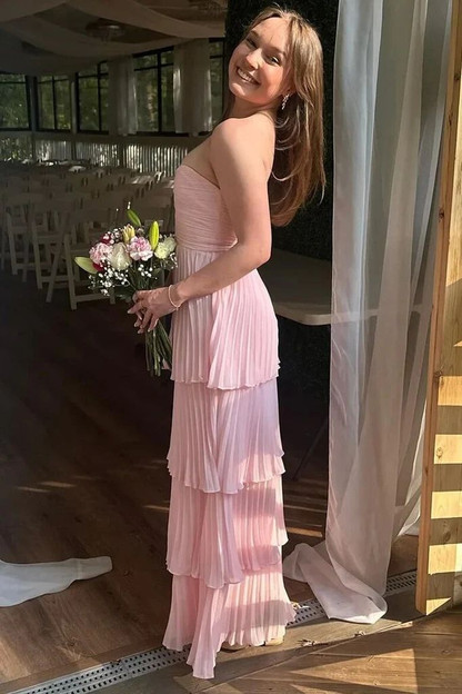 Trägerloses A-Linien-Ballkleid in Rosa, lang, plissiert, Geburtstagskleid J3702