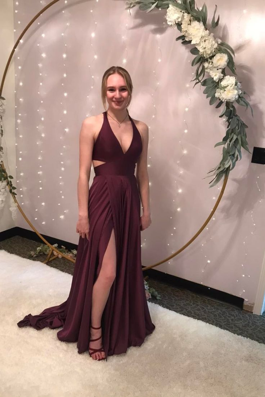 V Neck A Line Burgundy Long Prom Dress Slit Birthday Dress J3704