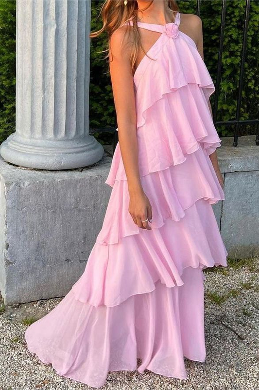 Halter Pink Chiffon Floor Length Prom Dress With Layers J3711