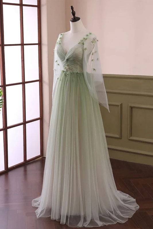 V Neck A Line Green Long Prom Dress Tulle Formal Party Gown J3712