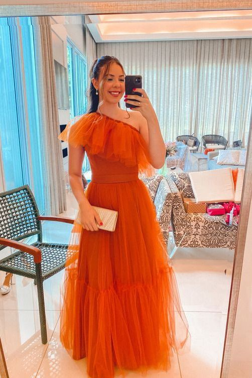 One Shoulder Orange Long Prom Dress Tulle Formal Party Gown J3713