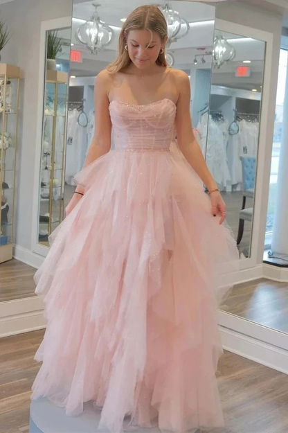 Robe de bal longue rose bustier coupe trapèze en tulle, tenue de soirée formelle J3715