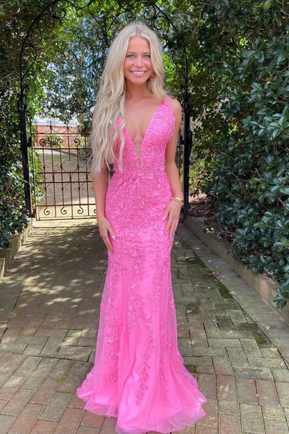 Robe de bal sirène rose vif à décolleté en V profond et appliqués J3716