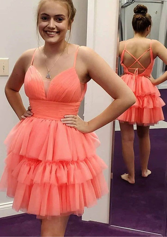 A line V Neck Sleeveless Tulle Short Mini Homecoming Dress J3734