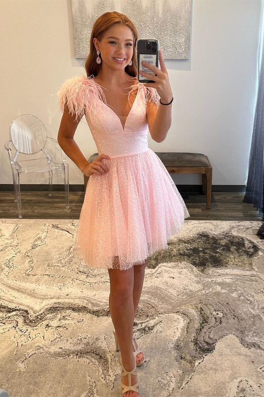 Pink A line Tulle Deep V Neck  Homecoming Dress with Feathers J3738