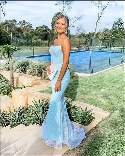 Robe de soirée sirène bleu ciel sans bretelles, longue robe de soirée formelle J3752