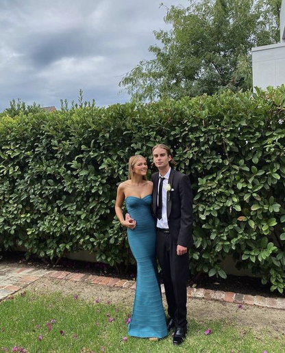 Robe de bal longue bleue sirène sans bretelles, longueur au sol, J3754