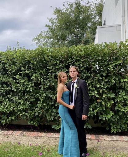 Robe de bal longue bleue sirène sans bretelles, longueur au sol, J3754
