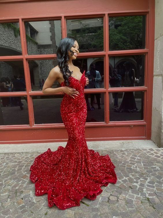 Long Red Prom Dresses Glitter Sequin Mermaid Evening Dress J3763