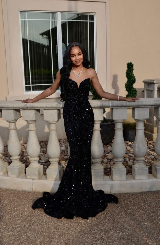 Mermaid Black Sequin Prom Dresses Birthday Outfit J3765