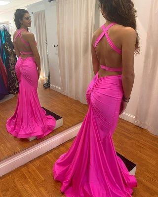 Pink Deep V neck Halter Backless Floor length Mermaid Prom Dress J3766