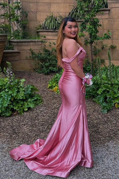 Robe de bal longue sirène en satin rose J3775