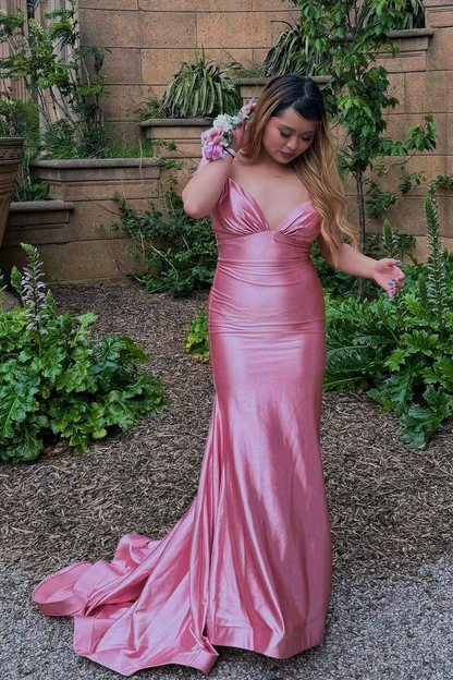 Robe de bal longue sirène en satin rose J3775
