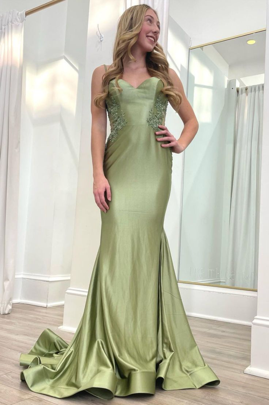 Sage Green Spaghetti Strap Backless Trumpet Long Gown J3777